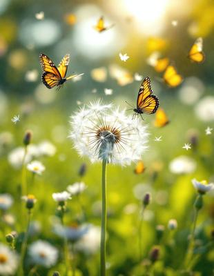 The primary subject of the image is a dandelion with a butterfly sitting on it. The setting is a grassy field with a few other butterflies flying around. The visual style is a close-up of the dandelion and butterfly, creating a natural and serene atmosphere. The colors are predominantly green, with the dandelion being the main focus, and the butterflies adding a touch of color and life to the scene.
